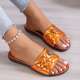 Women Summer Slipper Flat Sandals Fashion Casual Beach Sliders Sandale Open Toe Luxury Rhinestone Rainbow Slipper Casual Shoes Orange Black Size 36-43