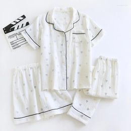 Women's Sleepwear 2024 Crepe Cotton Women Pyjamas Female Love Print Bedroom Set Woman 3 Pieces Loungewear Suits With Shorts