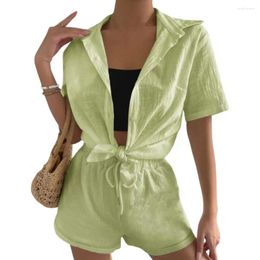 Women's Tracksuits Women Outfit Lapel Short Sleeve Single Breasted Shirt Elastic Drawstring Waist Wide Leg Shorts Set 2024 Summer