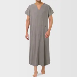 Ethnic Clothing Mens Summer Simple Solid Muslim Robes Fashion Loose Short Sleeved V Neck Thin Shirts Islamic Arab Business Shirt