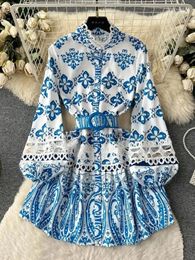 Casual Dresses 2024 Fashion Embroidery Patchwork Mini Dress Women's Stand Long Sleeve Single Breasted Flower Print Sashes Hollow Out