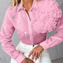 Women's Blouses Arrivals The Spring And Autumn Three-dimensional Floral See-through Diamond Shirt Long-sleeved Commuting Elegant