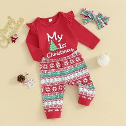 Clothing Sets Baby Girls Christmas Outfits Long Sleeve Romper With Tree Snowflake Print Pants Headband Set Born Clothes