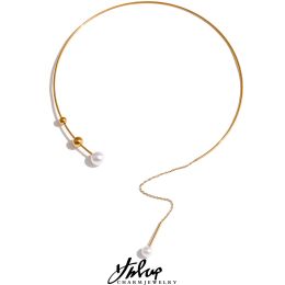 Necklaces Yhpup Korean Imitation Pearls Drop Stainless Steel Torques Necklace New Collar Metal Gold Colour Delicate Trendy Jewellery Women