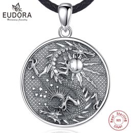 Necklaces Eudora 925 Sterling Silver Moon Dragon Necklace for women man Vintage Sun Dragon Amulet Pendant Personality Jewelry Party Gift