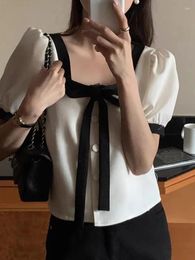 Women's Blouses Vintage Square Collar Lace-up Female Blouse Bow Design Contrast Color Loose All-match Blusas 2024 Summer Short-sleeved Shirt
