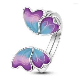 Cluster Rings Gradient Purple 925 Sterling Silver Double Butterfly Combination Detachable Friend Opening Ring
