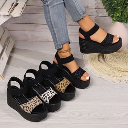 Women's Wedge High Heel Peep Toe Sandals Leopard Platform Sandals Ladies Thick Sole Summer Shoes Espadrilles Zapatillas Mujer 240415