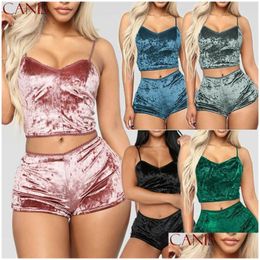 Womens Sleepwear Y 2Pcs Lingerie Veet V Neck Pajamas Set Chemise Shorts Nightwear Plus Size Drop Delivery Apparel Underwear Dhbqg