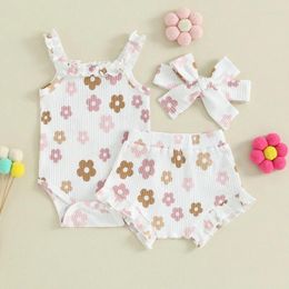Clothing Sets Baby Girls Shorts Set Flower Print Sleeveless Romper With And Hairband Summer Outfit