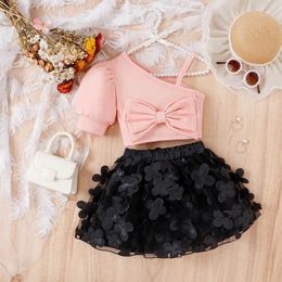 Girl Dresses Children's Wear Slanted Shoulder Strap Bow Knot Short Sleeved Top Flower Petit Skirt Girls Christmas For Toddler