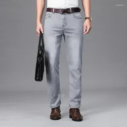 Men's Jeans Business Casual High Waist Light Grey Blue Brand Material Straight Cotton Stretch Denim