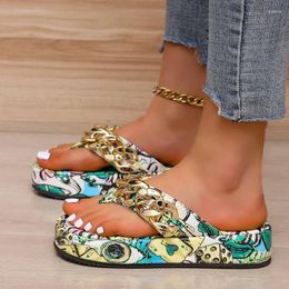 Slippers 4cm Platform Sole Slipper Metal Chain Flip Flops Women Summer Clip Toe Woman Casual Graffiti Non Slip Flat Slides Shoes