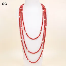 Pendant Necklaces GG 100" Freshwater Natural White Pearl Red Round Coral Beads Long Necklace