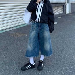 여자 청바지 Qweek 여성 블루 Y2K Baggy Jorts 하이 허리 빈티지 넓은 다리 무릎 길이 청바지 스트리트웨어 캐주얼 느슨한 여름 데님 반바지 240423