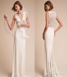 2019 Exquisite Illusion Lace Appliqued Wedding Dress Modern Beach Sheath V Neck Long Bridal Gown Custom Made Plus Size7084976