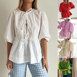 Women's Blouses Women Puff Short Sleeve Peplum Shirts Lace Up Ruffle Hem Cute Girls Summer Solid Tops Elegant Female Shirt Streetwear