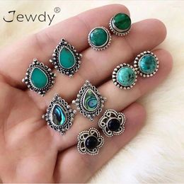 Stud Earrings 5 Pairs/Set Vintage Black Green Stone Set For Woman Crystal Silver Colour Geometric Earring Jewellery Boucle Brincos