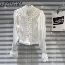 Women's Blouses 2024 French Style Blouse Spring Classic Pearl Lace Crocheted Elegant Socialite Shirt For Women Fashion Tops