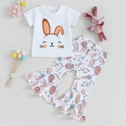 Sets Easter Infant Baby Girls Tracksuits Kids Short Sleeve Rabbit Print Tops Elastic Waist Carrot Print Flare Pants Toddler Clothes