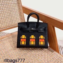 Real House Bag Platinum Handbag Womens Top Layer Cowhide Crocodile Pattern Contrast Colour Casual Handmade Genuine Leather