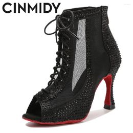 Dance Shoes Rhinestone Latin Boots Pole For Women Sexy Belly Ballroom Ladies Mesh Cuba High Heels