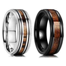 Bands Luxury Jewellery Men's Ring 8mm Black Stainless Steel Wedding Ring Inlay Koa Wood Sawtooth Edge Rings for Men Wedding Band Jewellery