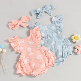 One-Pieces FOCUSNORM 2pcs Infant Baby Girl Cute Romper Ruffles Fly Sleeve Rainbow Print TieUp Backless Jumpsuits Clothes with Headband