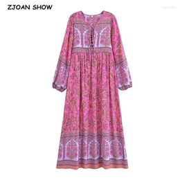 Casual Dresses 2024 BOHO Rose Pink Flower Print Bow Lacing Up V Collar Long Straight Dress Woman Viscose Cotton Full Sleeve Maxi Robe