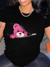Women's T Shirts Teddy Bear Graphic Print T-shirt Short Sleeve Crew Neck Casual Top For Summer & Spring Clothing