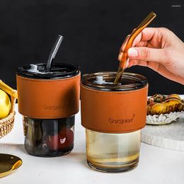 Mugs Coffee Glass Cup Water Bottle Thick Mug Heat-Resistant Milk Juice Travel Sealed Non-slip Set Straw Gift