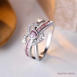 Wedding Rings Bridal Love Heart Wedding Bands Silver Color Pink White Zircon Promise Engagement Rings For Women Luxury Valentine Day Jewelry