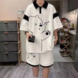 Summer Men Tracksuit Japan Cartoon Streetwear Cool Bear Printed Waffle Shirts Shorts 2 Piece Set Hip Hop Casual Short Suit 2024 240419