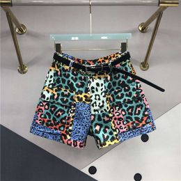 Coloured Leopard Print womens denim jeans for Summer New High Waisted Slimming Patch with Large Pockets and Wide Leg Hot Pants
