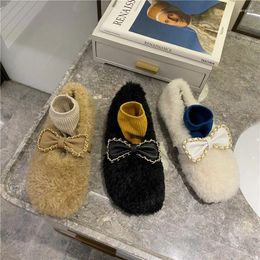 Casual Shoes Chic Metal Chain Bow-knot Fur Loafers Woman Fleeces Flats Winter Cotton Women Warm Plush Sneakers Lambswool Moccasins 2024