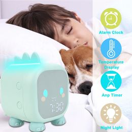 Bedside LED Clock Kids Alarm Clock Childrens Sleep Trainier Temperature Display With Voice Control Digital Cute Dinosaur 240417