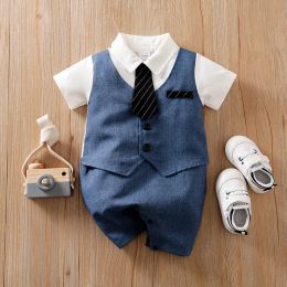 One-Pieces Summer Boys And Girls Gentleman Style Handsome Formal Dress Comfortable Short Sleeve Baby Bodysuit
