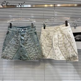 Skirts Denim Skirt 2024 Summer Fashion Embroidered Leaves Heavy Net Yarn Stitching Elegant Slim-fit Women's