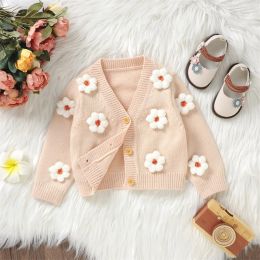 Sweaters Princess Baby Girls Knit Cardigan Sweater Jacket Long Sleeve V Neck Button Closure 3D Flower Winter Warm Knitwear Infant Clothes