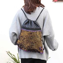 Drawstring Women Sequins Backpack Contrast Beach Bag Outdoor Fitness Pouch Pocket Female Modis Sports Worek Plecak Sznurek