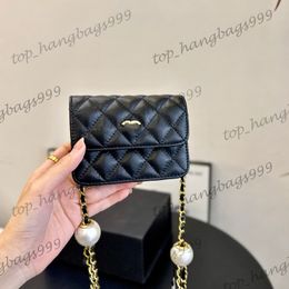 24S Double Pearl Ball Adjustable Gold Chain Mini Vanity Bag Card Holder With Serial Number Lipstick Classic Tiny Flap Purse Fany Pack Waist Purse 12x9x3cm Black White