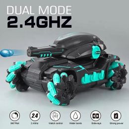 Car 2022 Battle RC Water Bomb Tracked Tank 2.4G Gravity Hand Watch Dual Remote Control Crawler with Light and Music Stunt Car