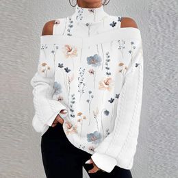 Womens Spring Cold Shoulder Floral TShirt Tops Ladies High Neck Loose Pullover Blouse Plus Size Clothing 2024 240412
