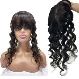 Toppers Clip in Human Hair Topper with Bangs Wavy Virgin European Human Hair Fringe Skin Scalp Silk Base Hairpiece for Women Toupee