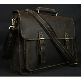 Vintage Crazy Horse Genuine Leather Men Briefcase 15 Laptop Bag Work Business Shoulder Messenger Male Tote Handbag M088 240418