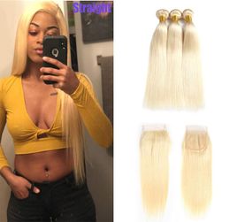 New Arrive Raw Brazilian Virgin Hair 3 Bundles with Closure 613 Honey Blonde Straight 100 Human Hair Weaves Extensions with Clos1925784