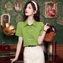 Women's Blouses 2024 Summer Short-sleeved Shirts & Chinese Style Lady Puff Sleeve Solid Color Single-breasted Lapel Tops