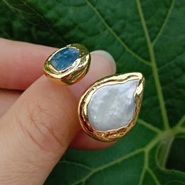 Cultured White Keshi Pearl Blue Kyanite Gemstone Finger Ring Adjustable Anniversary Wedding Jewellery 240414