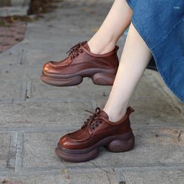 Dress Shoes Women Leather Pumps Red High Wedge Heels Genuine Lace Up For Sale Handmade Casual Autumn 2024