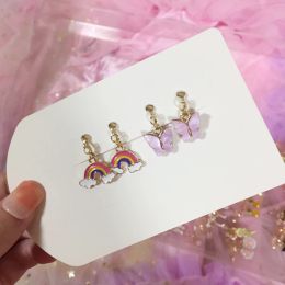Earrings 2 Pairs/Set Children Baby Girl Jewelry Kids Cute Rainbow Purple Butterfly Ear Clip On Pierced Party Gift Earrings